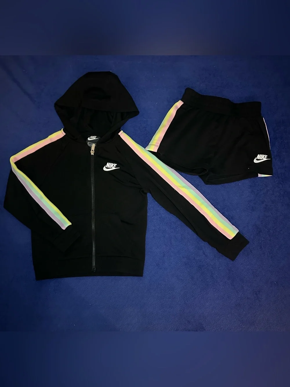 New Nike Girls Black/Pastel Stripe Hoody & Shorts Summer Set Size 6X NWT